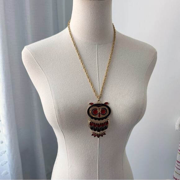 Vintage Gold Tone Red Owl Big Statement Estate Necklace 23.5” Jewelry Fashion - Picture 4 of 7
